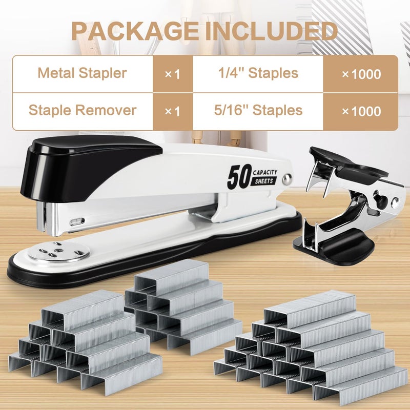 Deli Stapler Heavy Duty, Full Strip Staplers for Desk with 2000 Staples and Staple Remover, 50 Sheet Capacity, No Jam, Non-Slip Office Stapler with Staples for Office, Classroom, White - Image 3